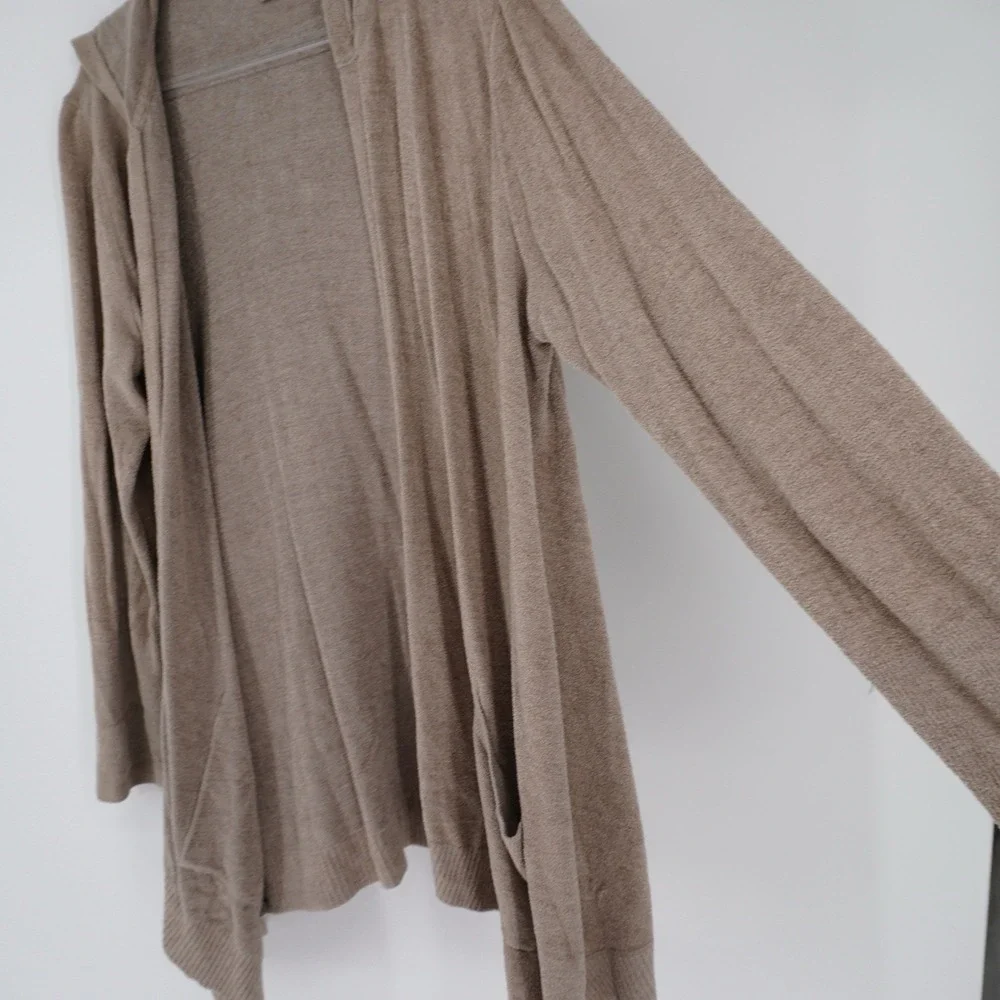 Barefoot Dreams Resort Cozychic Lite Hoodie Cardigan Light Brown Long Open Large